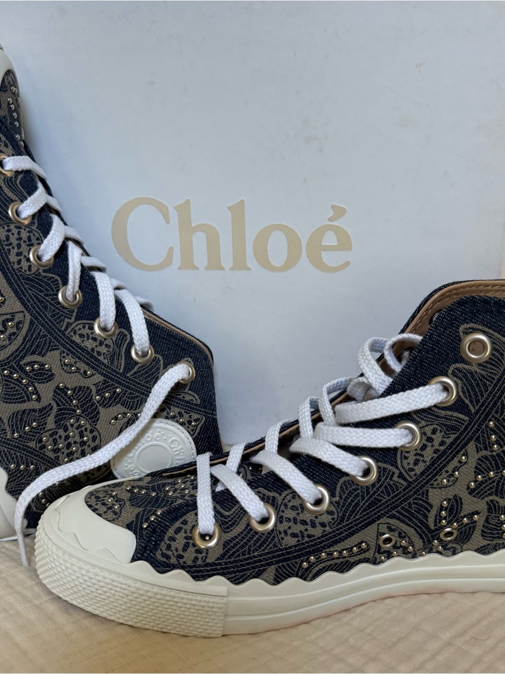 Chloé Denim and Cream High-Top Athletic Sneakers